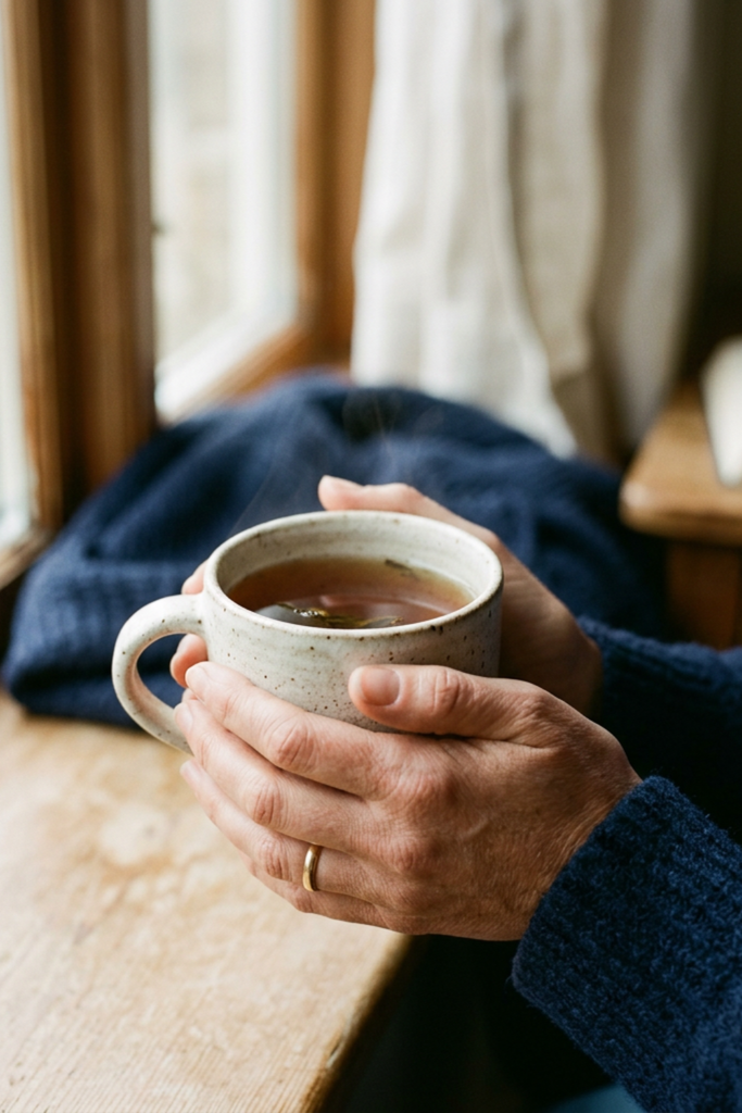 Hands holding a warm tea mug by a window in soft morning light