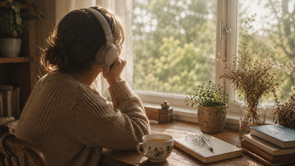 Woman in cream knit jumper sitting by a sunlit window with headphones on and a cup of tea, taking a calm afternoon pause